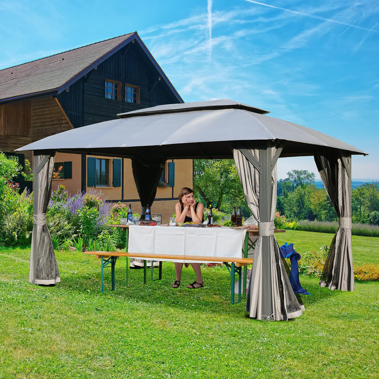 Domi Gazebo 10x14FT, Outdoor Gazebo with Double Roofs, Privacy Curtains, Mosquito Nettings, Heavy Duty Metal Frame Party Tent Canopy for Patio, Backyard, Deck, Lawn, Grey domi outdoor living