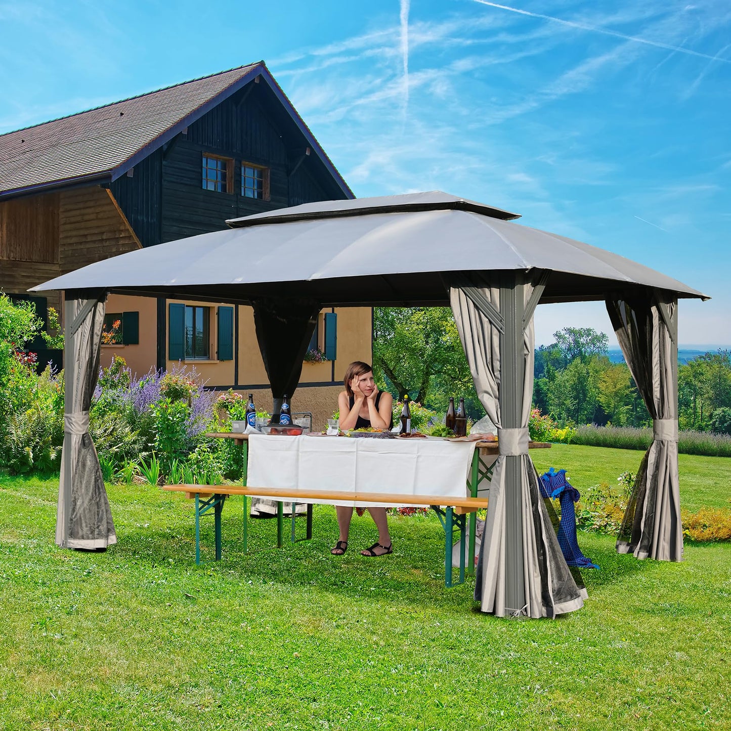 Domi Gazebo 10x14FT, Outdoor Gazebo with Double Roofs, Privacy Curtains, Mosquito Nettings, Heavy Duty Metal Frame Party Tent Canopy for Patio, Backyard, Deck, Lawn, Grey - WoodArtSupply