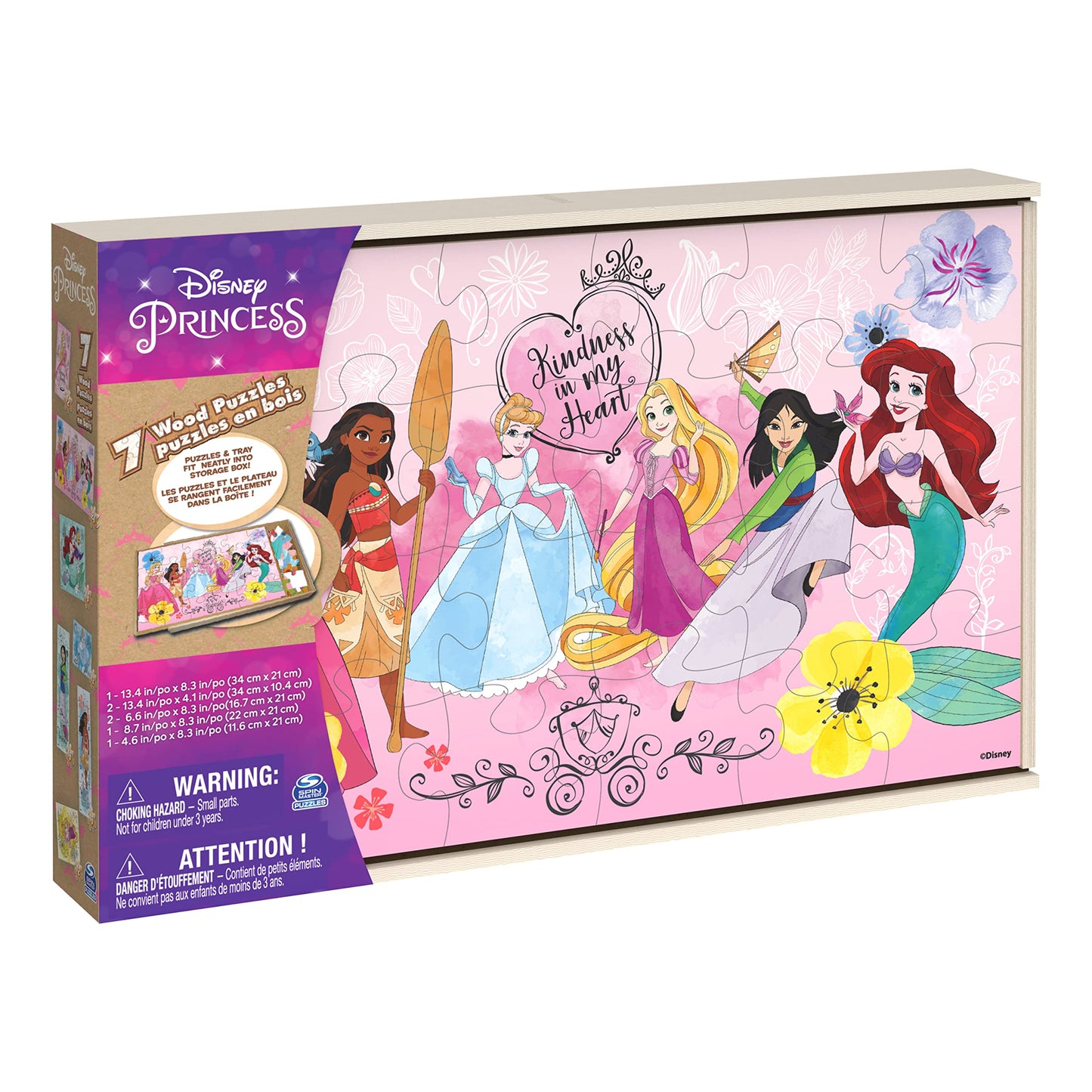 Disney Princess, 7 Wood Puzzles Jigsaw Bundle 12-Piece 16-Piece 24-Piece Ariel Tiana Rapunzel Pocahontas with Storage Tray, for Kids Ages 4 and up