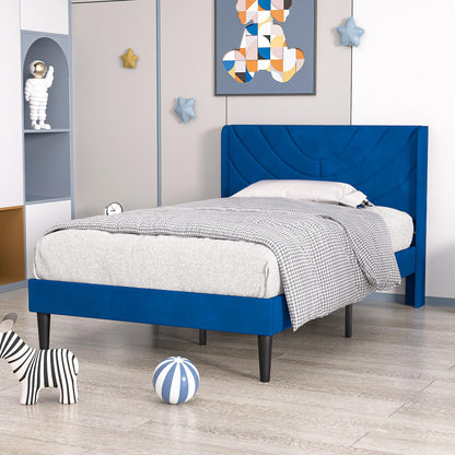 VECELO Twin Upholstered Platform Bed Frame with Fabric Headboard,Wooden Slats Support/No Box Spring Needed/Mattress Foundation,Dark Blue