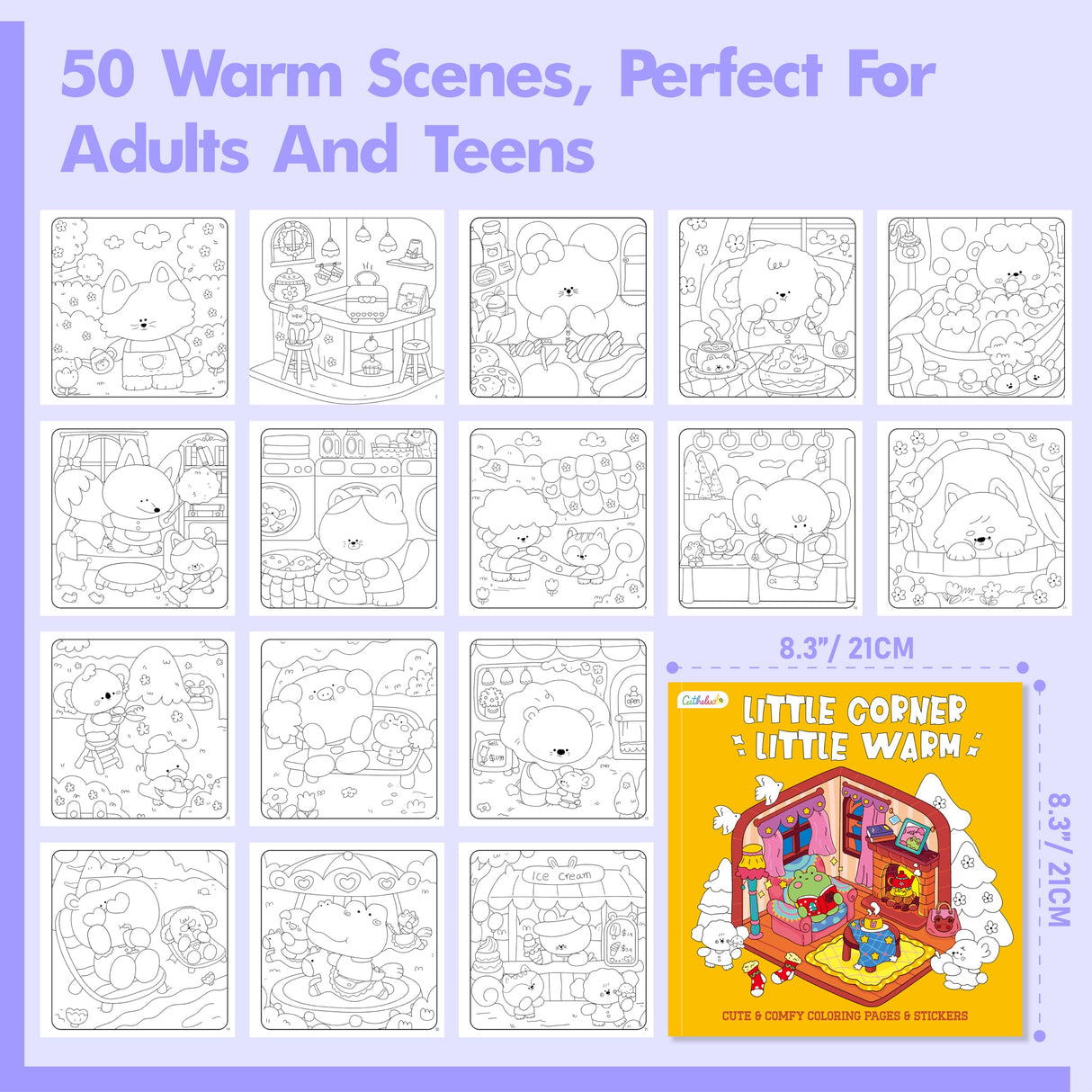 Cute & Cozy Coloring Book, 50 Sheets Warm Scenes with 600+ Stickers, Cute Animals- Themed Pages Stress Relief for Adults & Teens Relaxation, Comfy Day, Cozy Hygge Moment (8.3” x 8.3”) Gethelud