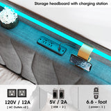 King Size Lift Up Storage Bed Frame, Height Adjustable Storage Headboard with Charging Station, LED Lights Upholstered Platform Bed, Wooden Slat, No Box Spring Needed, Noise-Free, Dark Grey Fameill