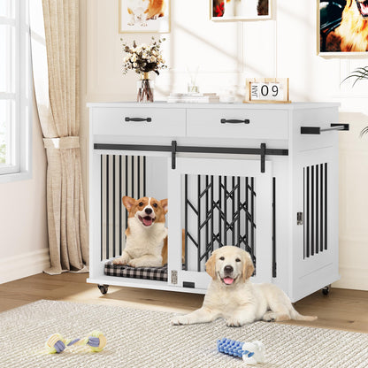 YITAHOME Dog Kennel Furniture for 2 Dogs, 39 inch Double Dog Crate with Storage Drawers, Indoor Wooden Dog House Heavy Duty for 2 Small Medium Dogs, White - WoodArtSupply