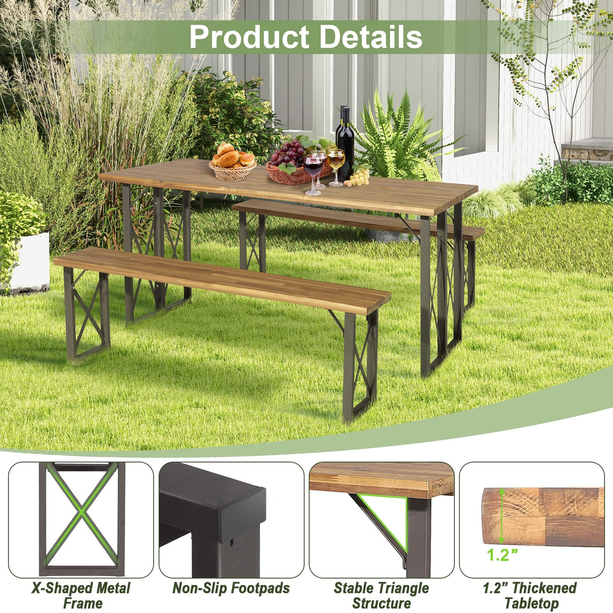 Tangkula 3 Piece Picnic Table Bench Set, Outdoor Acacia Wood Picnic Table with 2 Benches, 2-Inch Umbrella Hole, Heavy-Duty Metal Frame, Space-Saving Outside Table and Bench Set for Backyard, Patio Tangkula