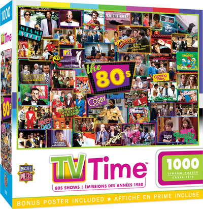 MasterPieces - 1000 Piece Jigsaw Puzzle, Nostalgic 80’s TV Shows Collage, Retro Entertainment Fun for Adults, Family, Kids, Non-Glare Finish, 19.25" x 26.75"
