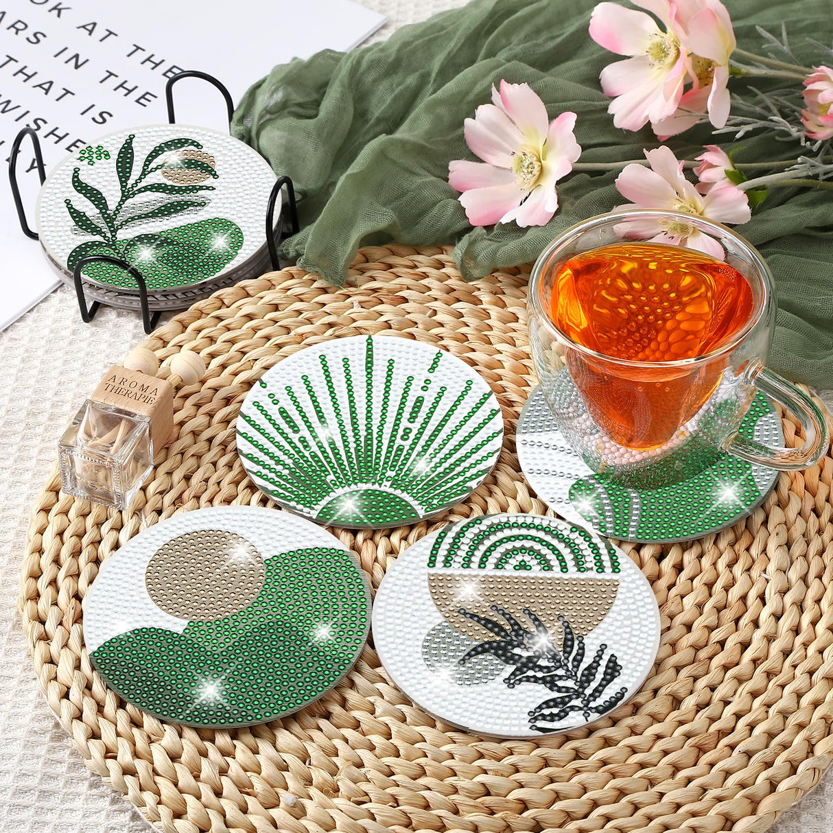 Ovveroche 8 Pcs Diamond Art Painting Coasters with Holder, Diamond Art Coasters Abstract Diamond Art Kits for Adults Beginner Craft Supplies Ovveroche