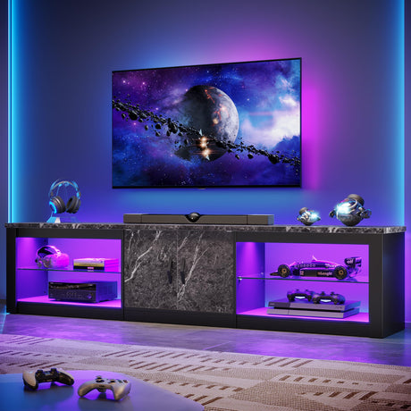 Bestier 80 Inch TV Stand for 75/85/86 inch TVs, LED Gaming Entertainment Center for PS5 with Storage Cabinet &Adjustable Glass Shelves, Modern TV Console Table for Living Room Bedroom, Black Marble Bestier