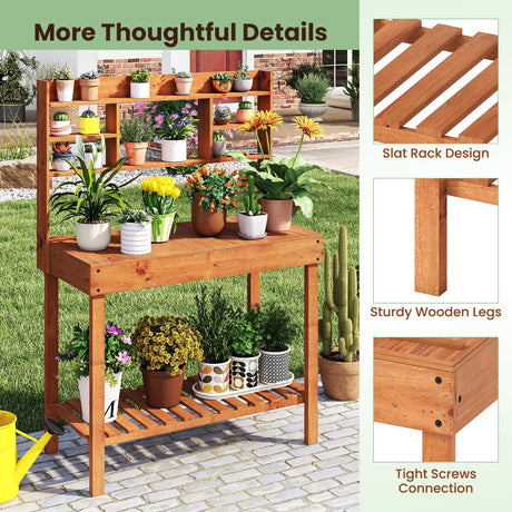 Happygrill Wooden Potting Bench Table, 61" Garden Planting Workstation w/ 3-Tier Open Shelf, Flip-up Tabletop, Bottom Storage Rack, Indoor Outdoor Flower Pot Bench for Backyard, Balcony, Lawn HAPPYGRILL