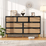 GarveeHome Rattan 7 Drawer Dressers for Bedroom, Tall Dresser with Deep Drawers, Large Chest of Drawers for Closet with Wide Top, Long Wooden Dresser for Living Room, Hallway, Kids Room, Black GarveeHome
