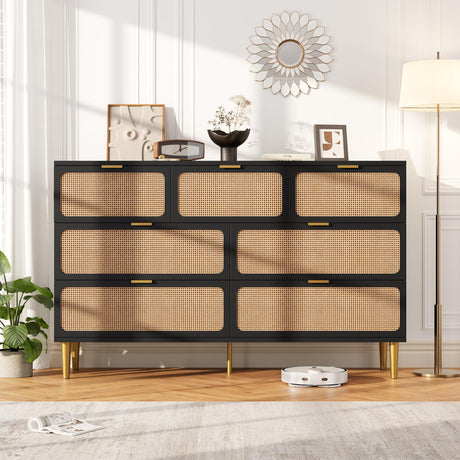GarveeHome Rattan 7 Drawer Dressers for Bedroom, Tall Dresser with Deep Drawers, Large Chest of Drawers for Closet with Wide Top, Long Wooden Dresser for Living Room, Hallway, Kids Room, Black GarveeHome
