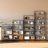 4NM No-Assembly 6 Tiers Folding Bookshelf Storage Shelves Vintage Bookcase Standing Racks Study Organizer Home Office (Rustic Brown and Black) 4NM