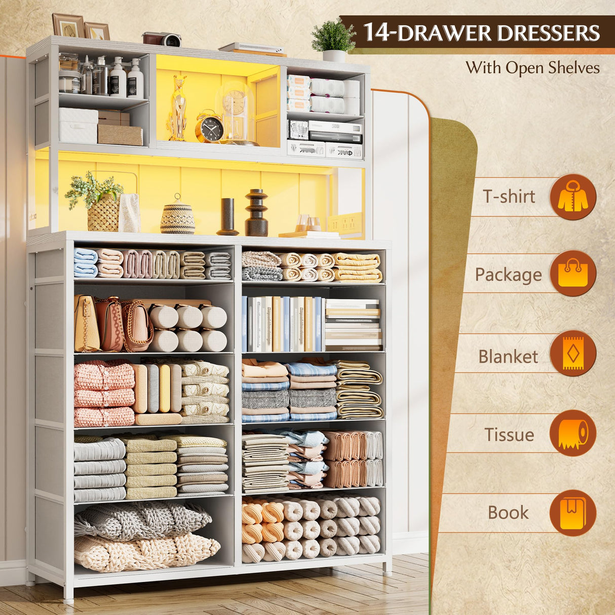 62.8" H Dresser for Bedroom with 14 Fabric Drawers,White Dresser with Charging Station and LED Lights,Dressers & Chests of Drawers for Bedroom, Steel Frame & Wooden Top, Entryway EnHomee