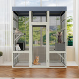 70" Wooden Catio Outdoor Cat Enclosure, Gray Extra Large Cat House for Multiple Cats with 2 Jumping Platforms & 2 Napping Houses, Movable Tarp Cover HarmonyHealth