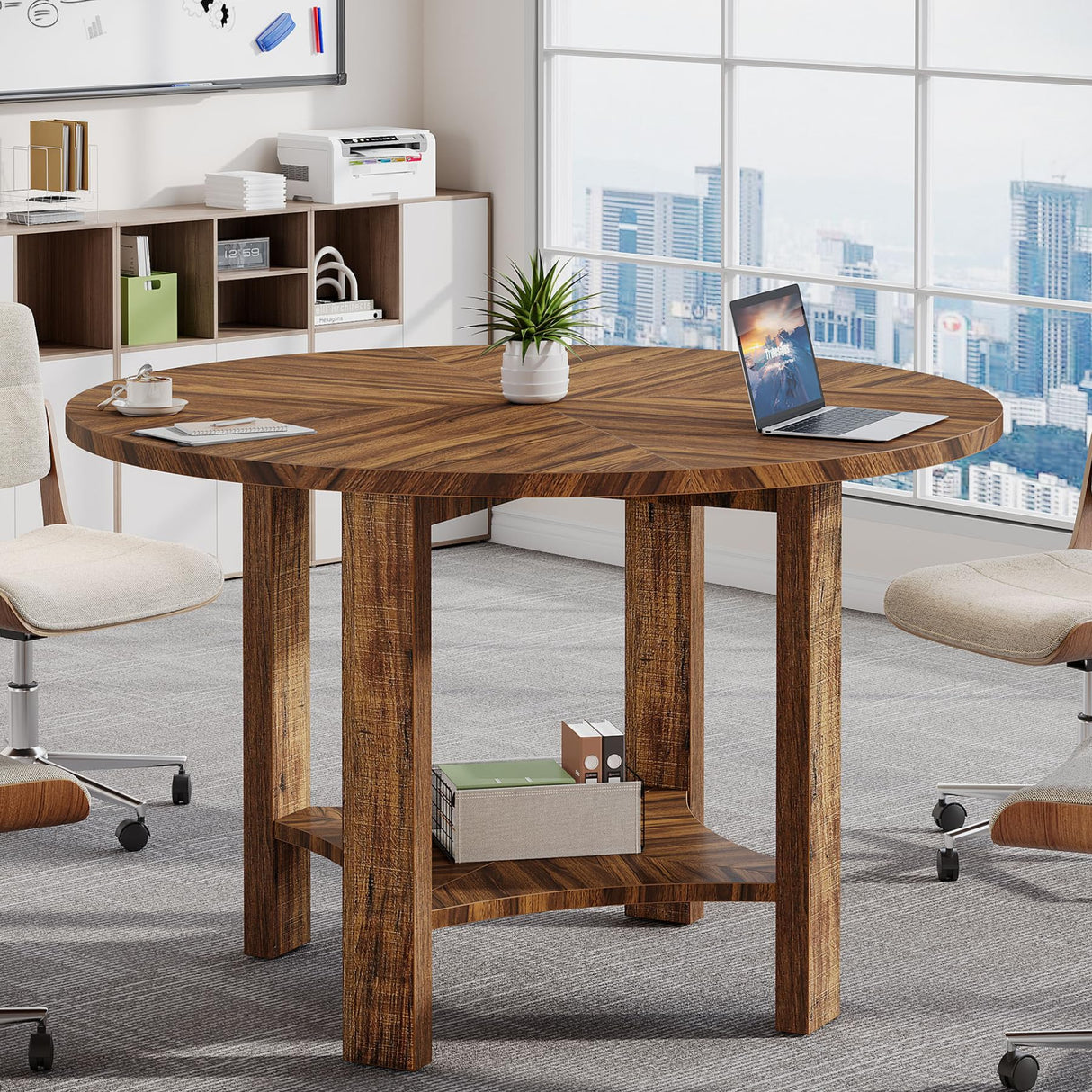 Tribesigns 4FT Round Conference Table for 4, 47-Inch Office Meeting Table with Storage Shelf and Large Tabletop, Mid-Century Modern Seminar Boardroom Desk for Office Conference Room, Walnut Tribesigns