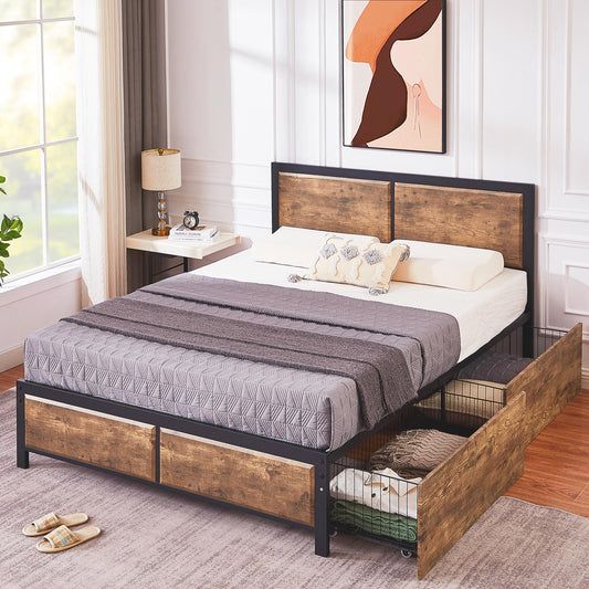 VECELO Rustic Vintage Full Platform Bed Frame with 4 Storage Drawers and Sturdy Metal Slats - WoodArtSupply