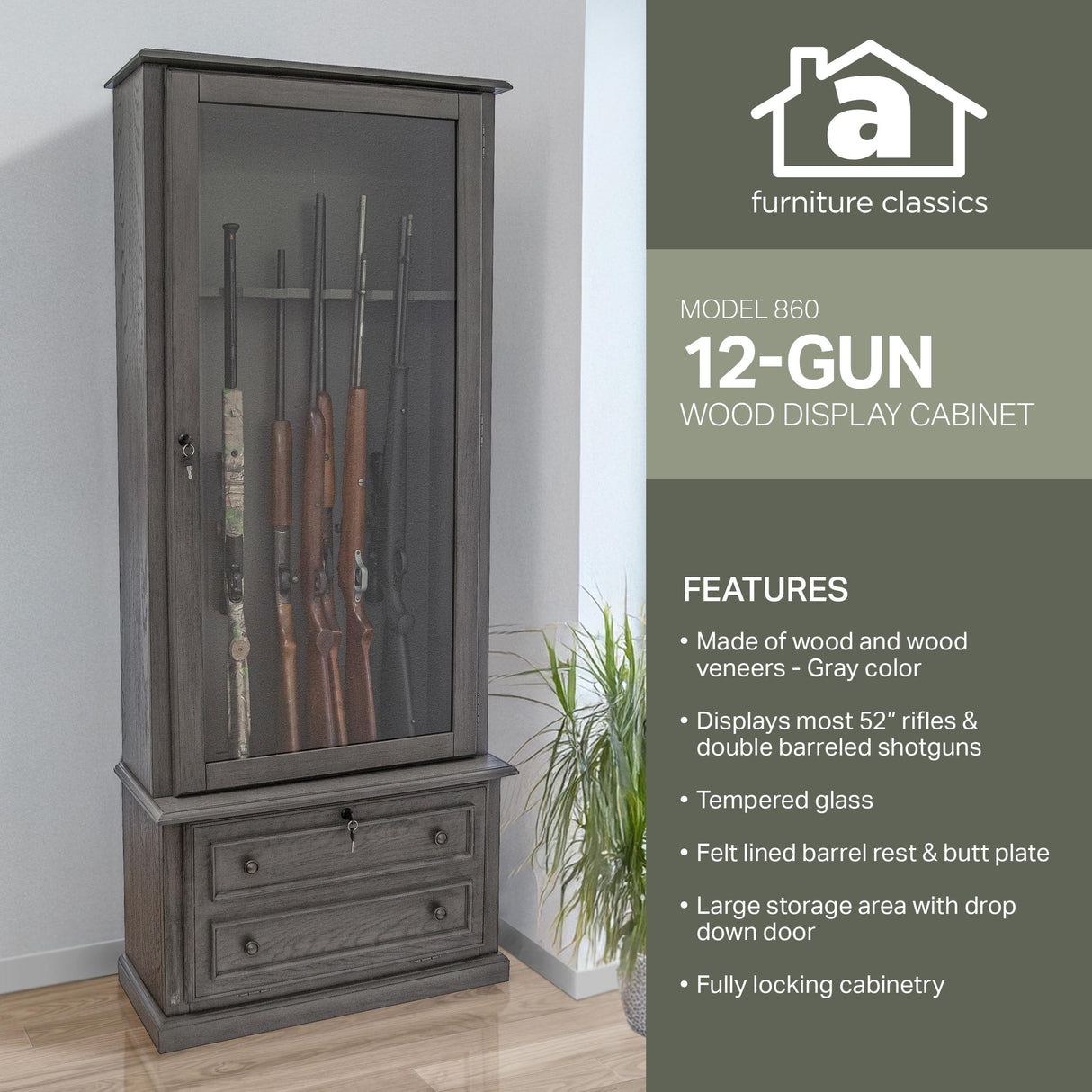 American Furniture Classics Model 860, Classic 12 Gun Cabinet with Tempered Glass, Grey American Furniture Classics
