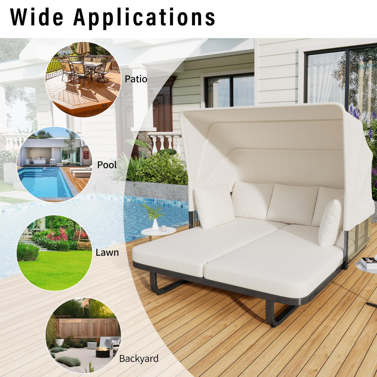 Merax 57" Patio Rattan Daybed with Retractable Sunshade Canopy, Iron Frame Outdoor Sunbed with Detachable Pillows for Patio, Backyard, Pool, Beige Merax