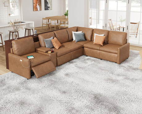 AMERLIFE Single Left Power Recliner Sofa, Reclining Sectional Sofa with Console, 6 Seats L Shaped Couch with Cup Holder& Charging Socket, Leather Modular Sofa for Living Room AMERLIFE
