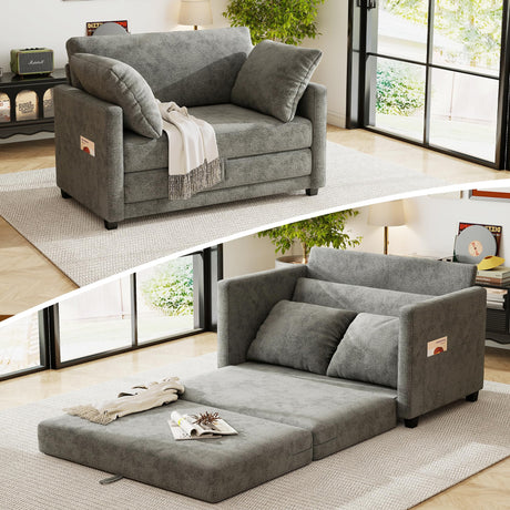 kakuboohi 51" Loveseat Sleeper Sofa Bed, Chenille Convertible Floor Sofa Bed for Small Spaces, Folding Couch Bed with Deep Seat, 2 Pillows & Solid Frame, Pull Out Floor Couch for Living Room, Grey kakuboohi