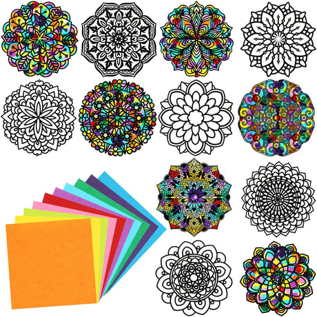 Gueevin 36 Sheet Mandala Window Clings Color Your Own Stained Glass Window Cling Arts and Crafts DIY Kit with Colorful Cotton Paper Contact Paper Crafts for Adults Kid Teen, 6 x 6 Inch Gueevin