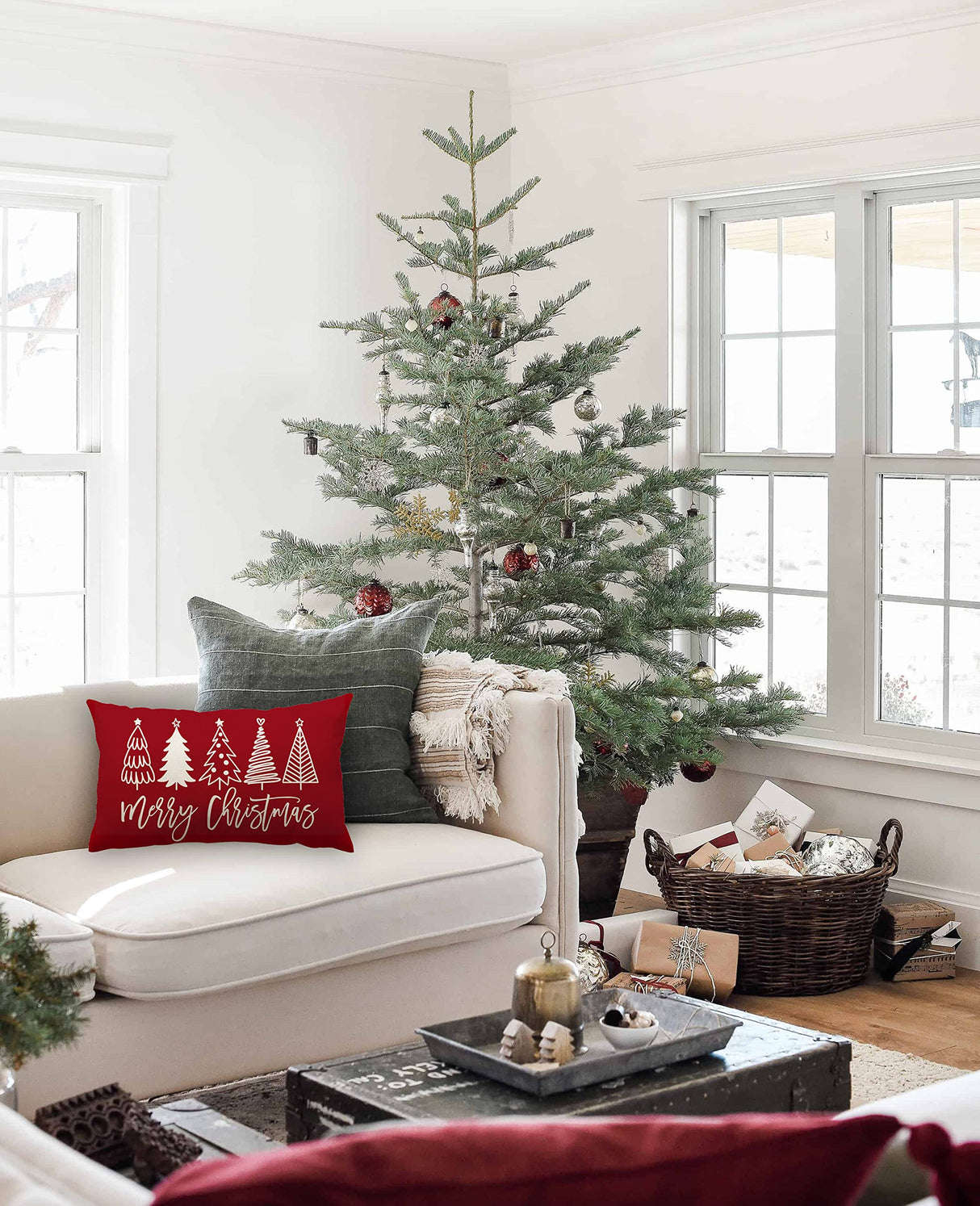 Merry Christmas Pillow Cover 12x20 Farmhouse Christmas Throw Lumbar Pillow Cover Decorations Christmas Tree Holiday Decor Case for Home Couch DFXSZ