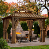 YITAHOME 10x10ft HardTop Gazebo with Nettings and Curtains, Heavy Duty Double Roof Galvanized Steel Outdoor Combined of Horizontal Vertical Stripes Roof for Patio, Backyard, Deck, Lawn (Bronze) YITAHOME