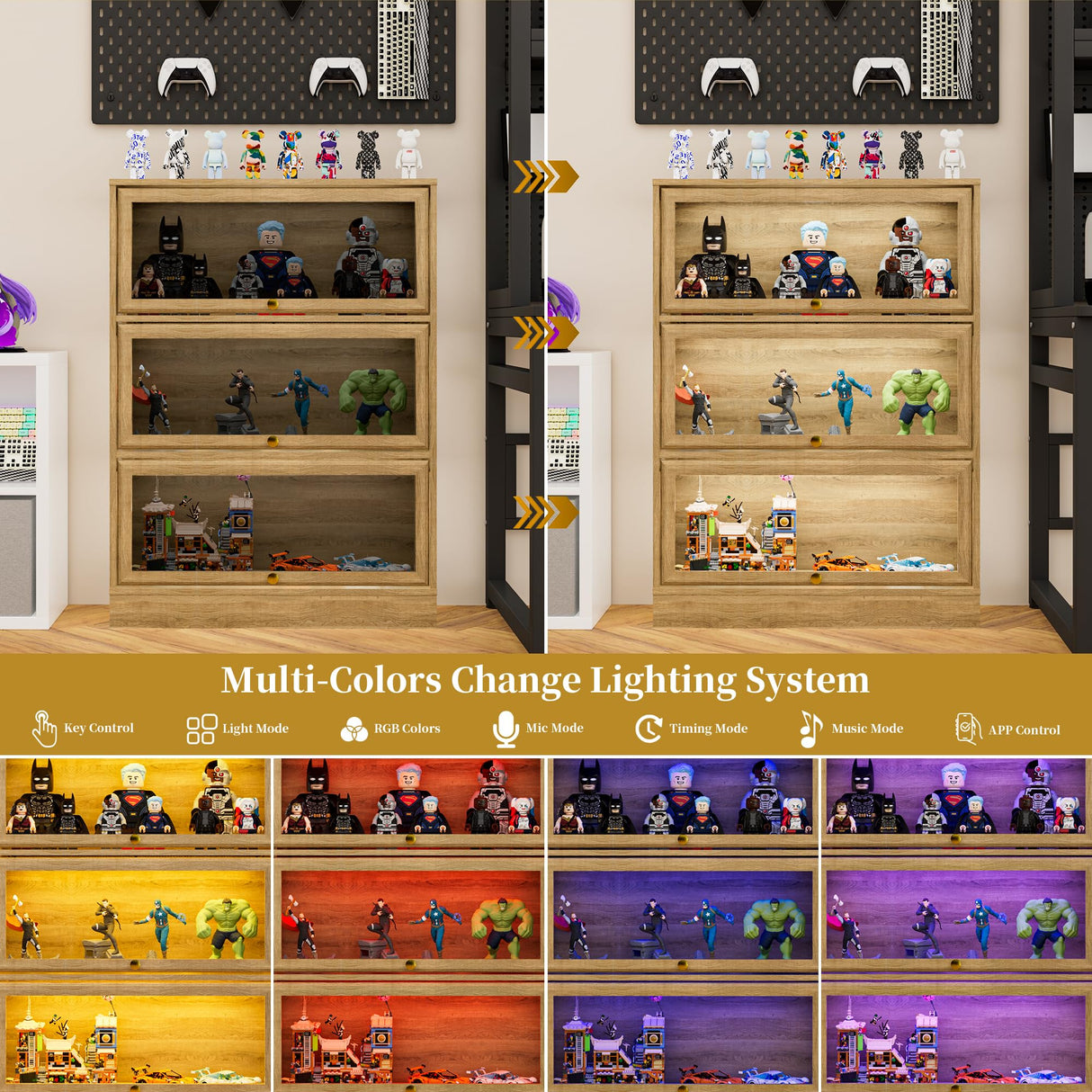 BONITURE Display Cabinet with Acrylic Glass Doors,3-Tiers Curio Cabinet with LED Lighting for Collectibles, Collectibles Toy Organizers Rack & Display Shelf Display Case Storage Cabinet, Nature BONITURE