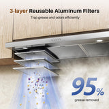 FIREGAS Range Hood 36 Inch Under Cabinet, Ducted/Ductless Convertible Kitchen Hood with 3 Speed Exhaust Fan, 300 CFM, LED Lights, Stainless Steel Vent Hood for Kitchen FIREGAS