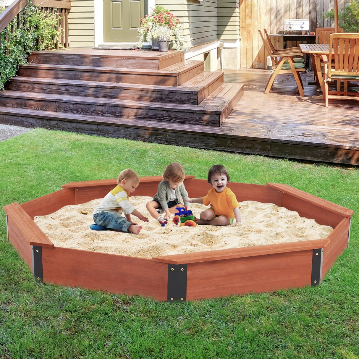 85''x78''x9'' Wooden Octagon Sandbox with Cover, Large Sandpit for Kids Outdoor Patio Backyard Play, Easy & Quick Assemble Mederra