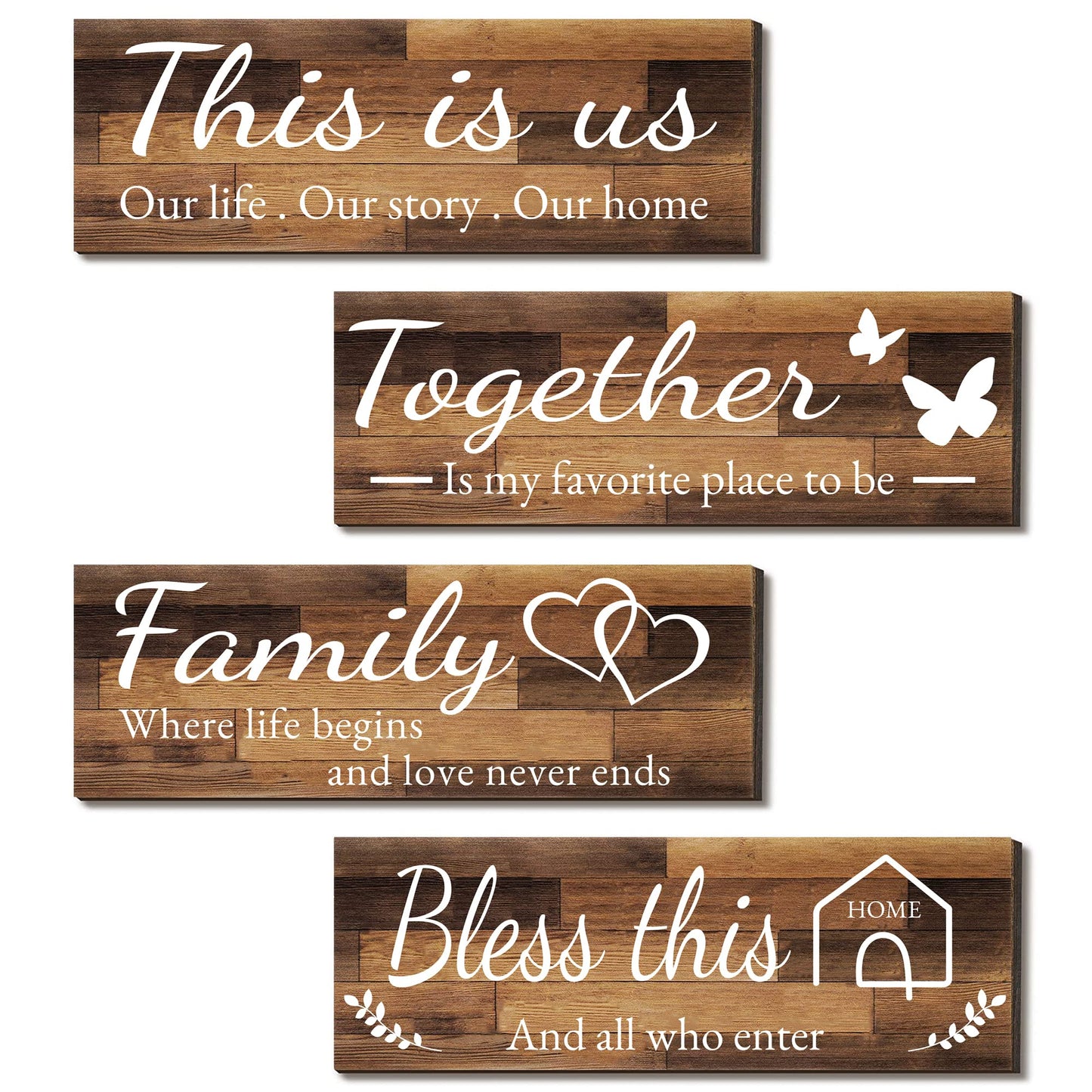 4 Pieces Home Wall Signs, THIS IS US/TOGETHER/BLESS THIS HOME/FAMILY Wall Decor For Living Room Bedroom, Rustic Wooden Farmhouse Wall Art , 4.7 x 13.8 Inch(Brown)