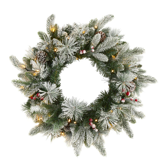 Nearly Natural 20in. Flocked Mixed Pine Artificial Christmas Wreath with 50 LED Lights, Pine Cones and Berries