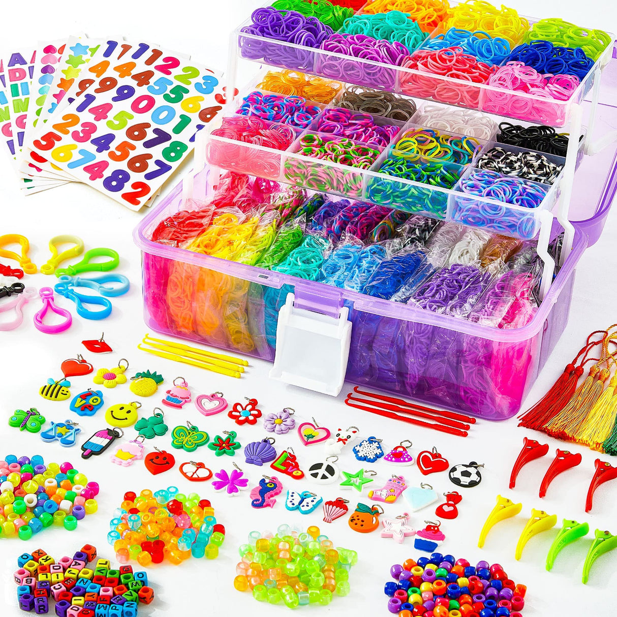 INSCRAFT 17500+ Rubber Loom Bands with 3 Layer Container, 28 Colors, 600 S-Clips, 352 Beads, 40 Cartoon Pendant, Bracelet Making Refill Kit for Kids INSCRAFT