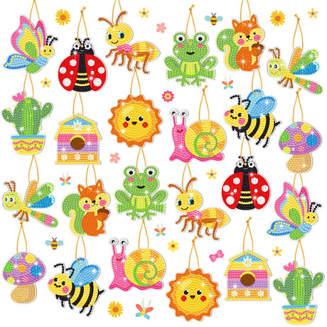 Frienda 24 Pcs Summer Diamond Painting Kits for Kids 5d Diamond Painting Keychains Art by Numbers Gem Animal Bee Frog DIY Craft Tags Creative Ornament Gifts Spring Summer Decor for Kids Adults Frienda
