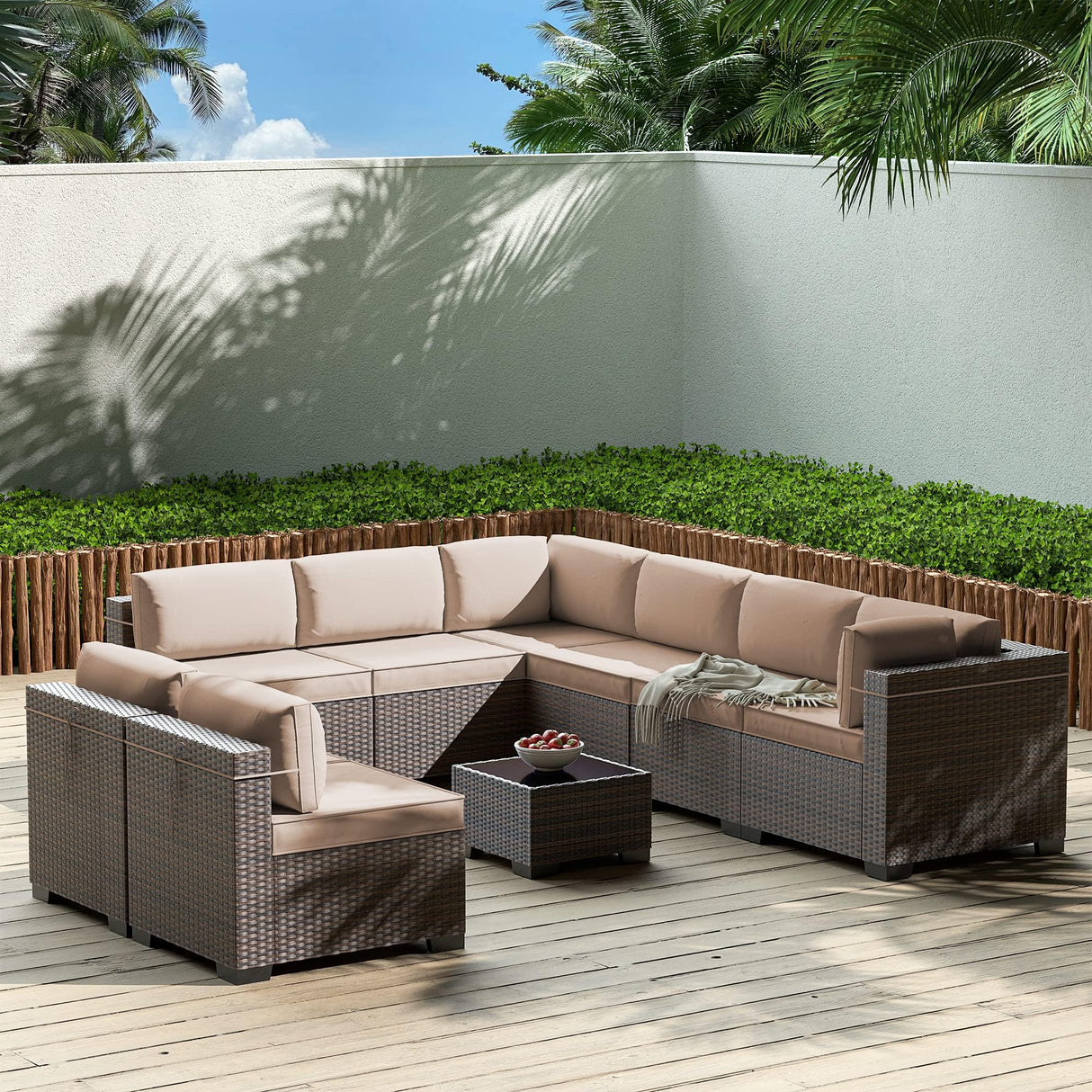 Gotland 9 Pieces Patio Furniture Set with 1 Coffee Table, Wicker Outdoor Sectional with 29.5'' High Backrest Thick Waterproof Cushions, Conversation Sets in 4 Combinations for Deck Pool Khaki Gotland