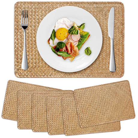 6 Pack Woven Placemats, Rectangular Rattan Place mats, Natural Seagrass Placemats, Farmhouse Wicker Table Mats for Dining Table XIMISISE