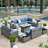 HOOOWOOO 13 Piece Modular Patio Outdoor Sectional Furniture Set with Gas Propane Fire Pit Table,Wicker Conversation Sofa Set,Out Door Couch Set with Wide Arm Outside(Denim Blue) HOOOWOOO