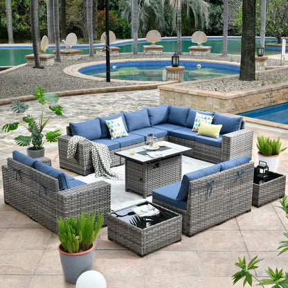 HOOOWOOO 13 Piece Modular Patio Outdoor Sectional Furniture Set with Gas Propane Fire Pit Table,Wicker Conversation Sofa Set,Out Door Couch Set with Wide Arm Outside(Denim Blue) - WoodArtSupply