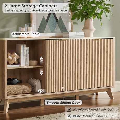 T4TREAM 60" Fluted Dresser with Sliding Doors and 4 Drawers, Modern Chest w/Faux Marble Top, Curved Profile Design, Dresser TV Stand, Wood Drawer Organizer for Bedroom, Living Room, Natural Oak T4TREAM