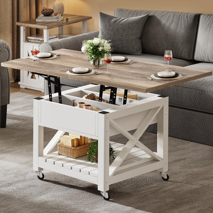 YITAHOME Lift Top Coffee Table with Wheels, Farmhouse Coffee Table Square Center Table with Storage Compartment, Rolling Coffee Table for Living Room, 2 Tier Small Coffee Table Dining Table, Grey Wash