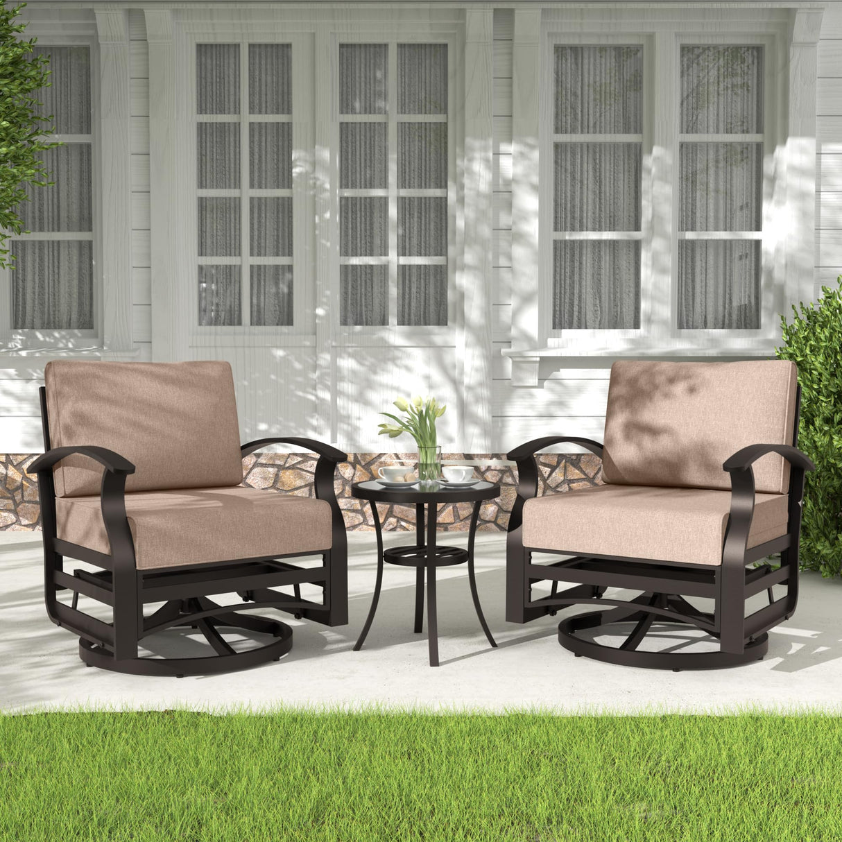 Kurapika 3 Pieces Patio Furniture Set, Outdoor Aluminum Swivel Gliders Rocker, Patio Bistro Set Rocking Chair with Tempered Glass Side Table and Thickened Cushions for Porch Garden Deck (Sand) Kurapika