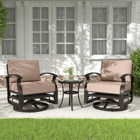 Kurapika 3 Pieces Patio Furniture Set, Outdoor Aluminum Swivel Gliders Rocker, Patio Bistro Set Rocking Chair with Tempered Glass Side Table and Thickened Cushions for Porch Garden Deck (Sand) Kurapika