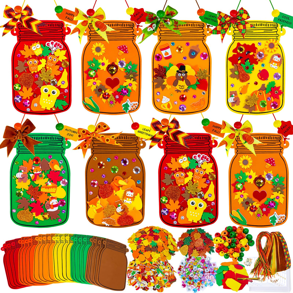 Winlyn 24 Sets Fall Craft Kits DIY Maple Leaf Pumpkin Mason Jar Ornaments Decorations Art Sets Autumn Foam Stickers Easy Thanksgiving Arts and Crafts for Kids Home Classroom Activities Party Favors Winlyn