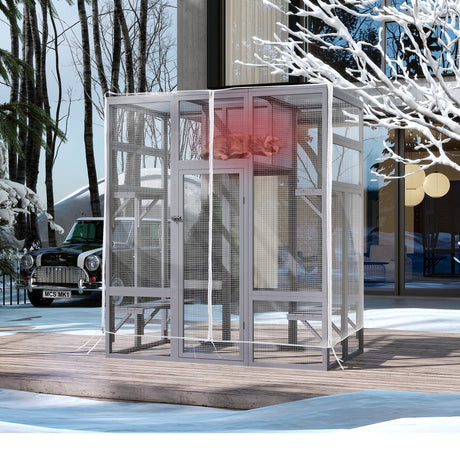 COZIWOW Upgraded Extra Large Cat Catio Equipped 4-Way Pet Door, Outdoor Wood Kitty Cage House with Insulation Condo, Patio Window Attach Cat Enclosure Playpen w/Weatherproof PVC Cover, Gray COZIWOW