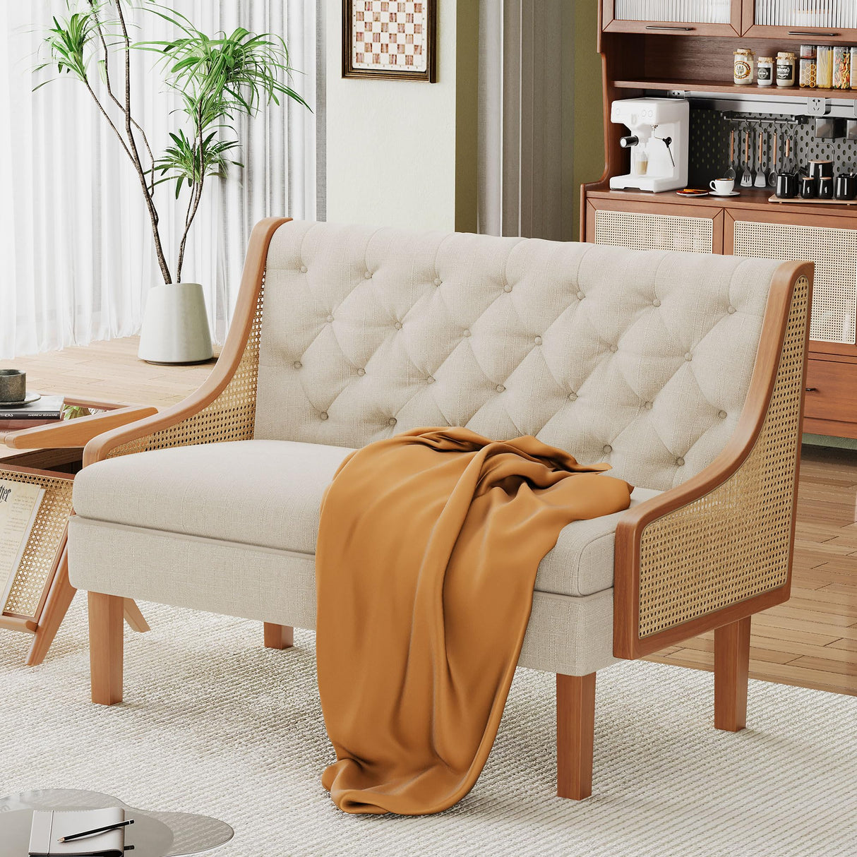 Andeworld Loveseat Settee Bench with Natural Rattan Arms,Upholstered Modern Mini Sofa Couch,Banquette Dining Bench Love Seat for Living Dining Room Bedroom Office Small Space Entryway,Beige Andeworld
