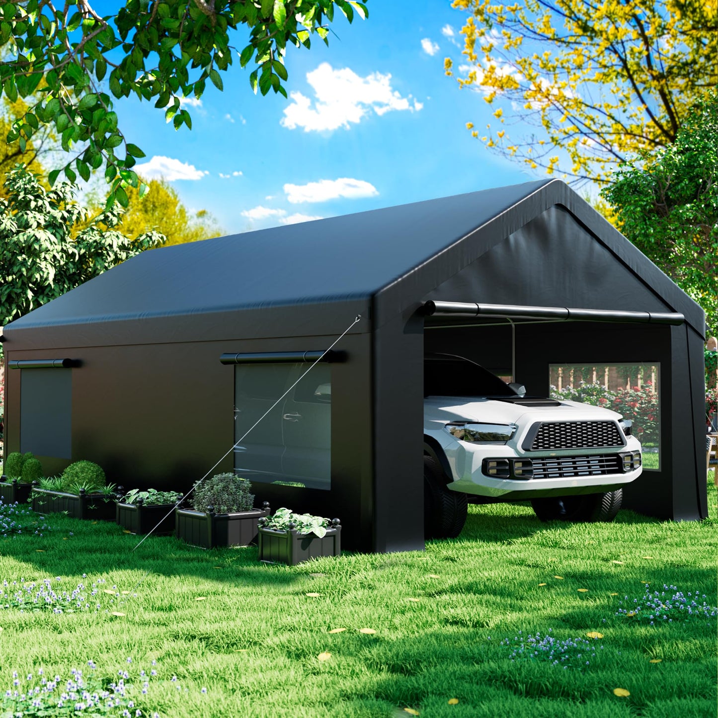 AirWire Carport 12' x 20' Heavy Duty Portable Garage, Carport Canopy with Side-Opening Door & Roll-Up Windows, Car Canopy Reinforced Four-Hole Base for Car, Truck, Boat, Party, Black - WoodArtSupply