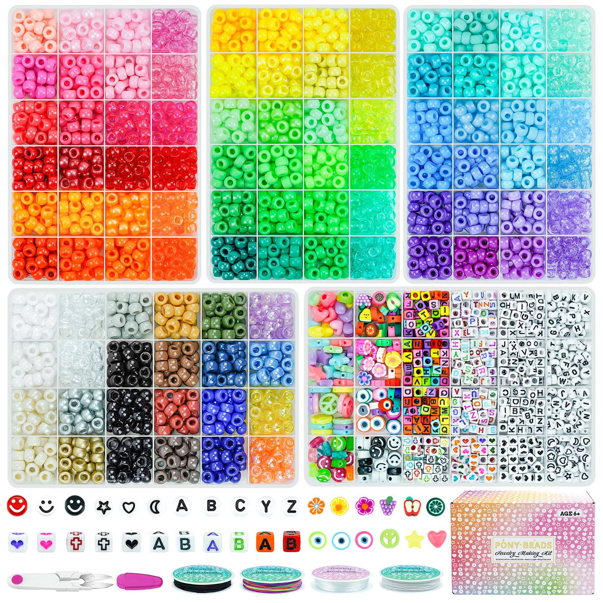 5 Boxes Bracelet Making Kit Pony Beads, 96 Colors 6x9mm Kandi Rave Beads for Bracelets Friendship Plastic Beads with 800Pcs Letter Bead DIY Arts and Crafts for Kids Adults Keychain Jewelry Making Sistenia