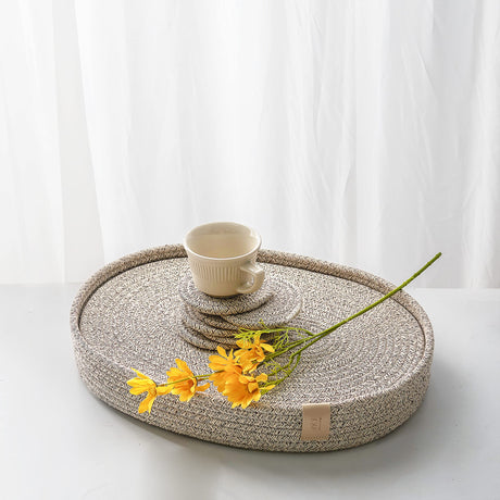 ART pinecone Cotton Rope Woven Placemats 16 * 12 inches Oval Hot Pads Hot Mats Set of 6, and 1 Storage Basket for Holiday Table Decor (16 * 12 Plus 6 Coasters, Brown Mixed) ART pinecone