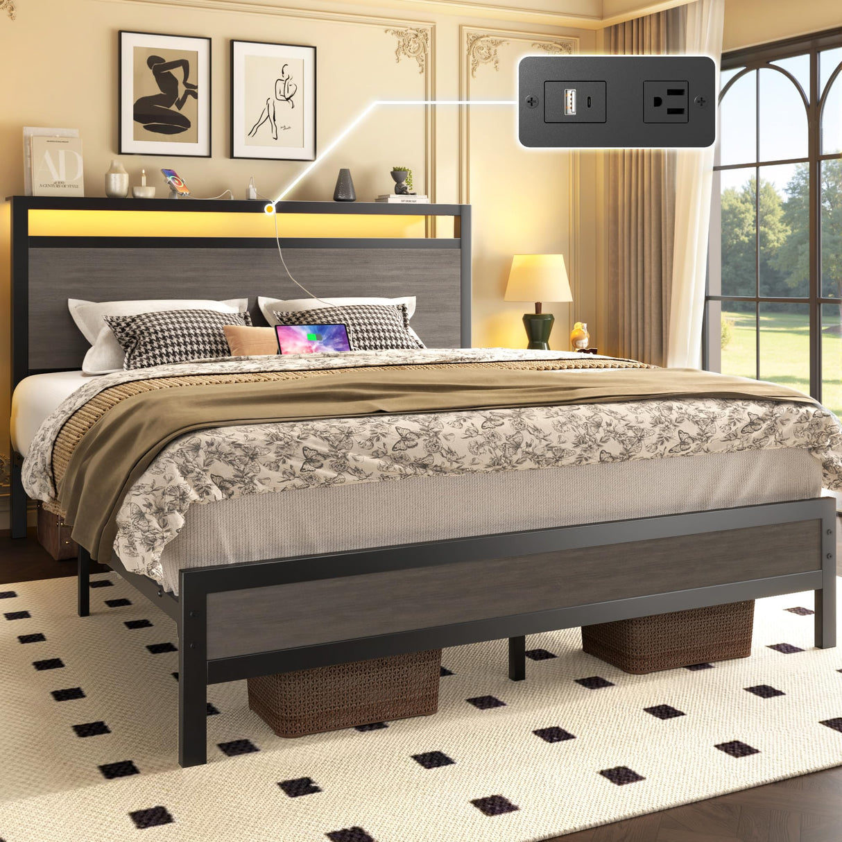 Fluest Queen Bed Frame with Headboard & Footboard, Bed Frame with Built-in Charging Station & LED Light, Storage Shelf, Noise-Free, No Box Spring Needed, Easy Assembly, Rustic Grey Fluest