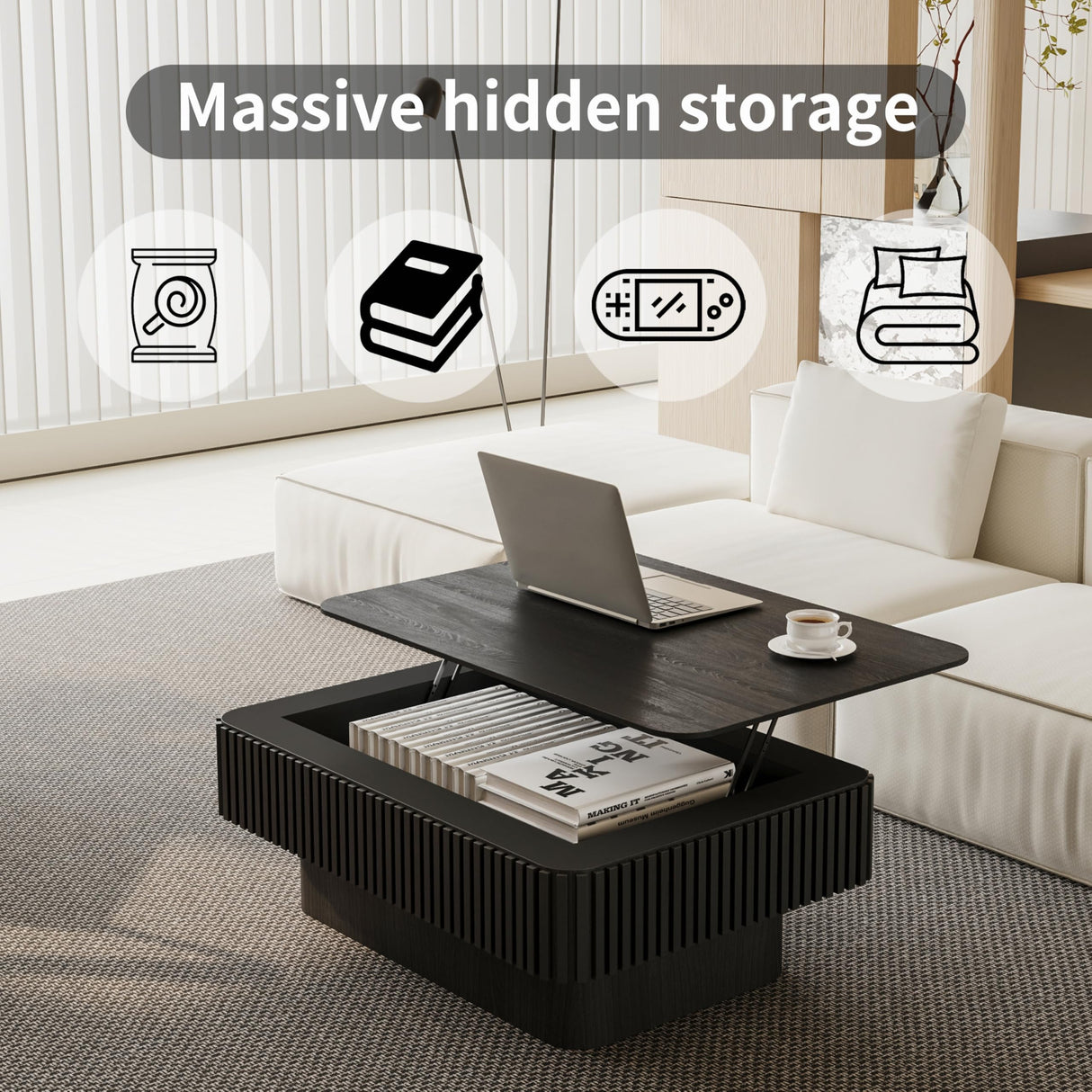 MELAABUU 38.6'' Lift Top Coffee Table with Hidden Compartment, Modern Rectangular Fluted Wooden Center Table Cocktail Tea Table with Storage and Adjustable Height for Living Room Apartment, Black MELAABUU