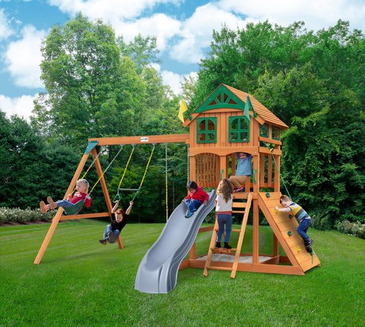 Gorilla Playsets 01-1063-GREY Outing Wood Swing Set with Wood Roof, Climbing Wall, Swings, and Grey Slide, Amber - WoodArtSupply